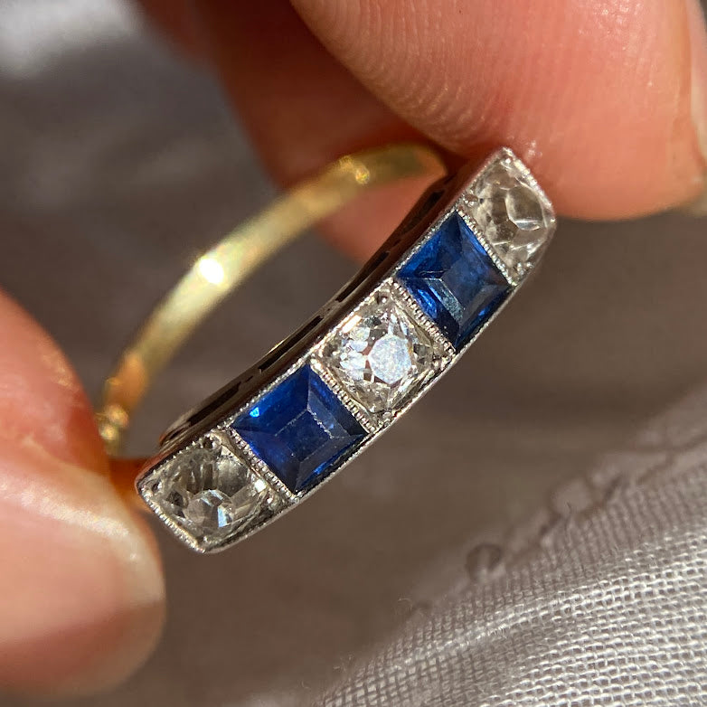 18ct Art Deco Sapphire Old Cut Diamond Five Stone