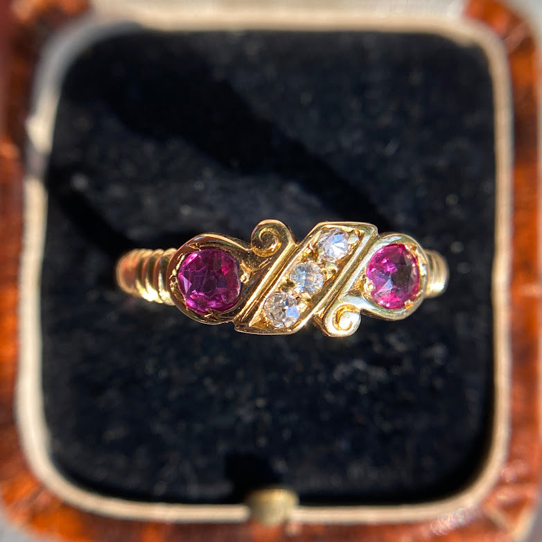 18ct 1898 Chester Ruby 2 Stone Twisted Diamond Ribon Ring Cut Open Vinted