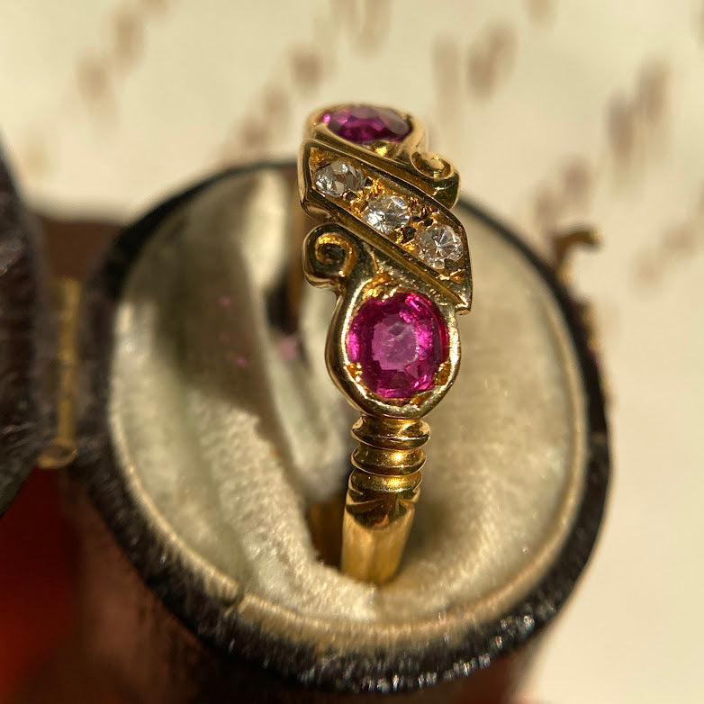18ct 1898 Chester Ruby 2 Stone Twisted Diamond Ribon Ring Cut Open Vinted