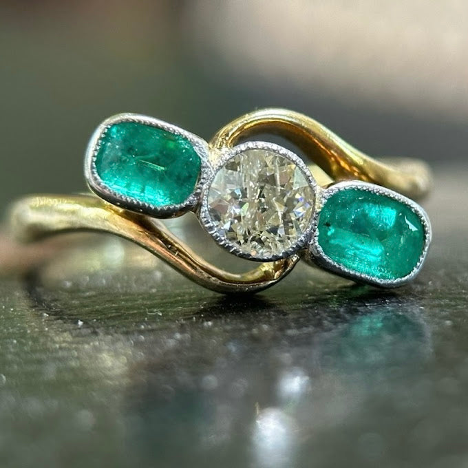Edwardian 18ct Emerald Diamond Trilogy