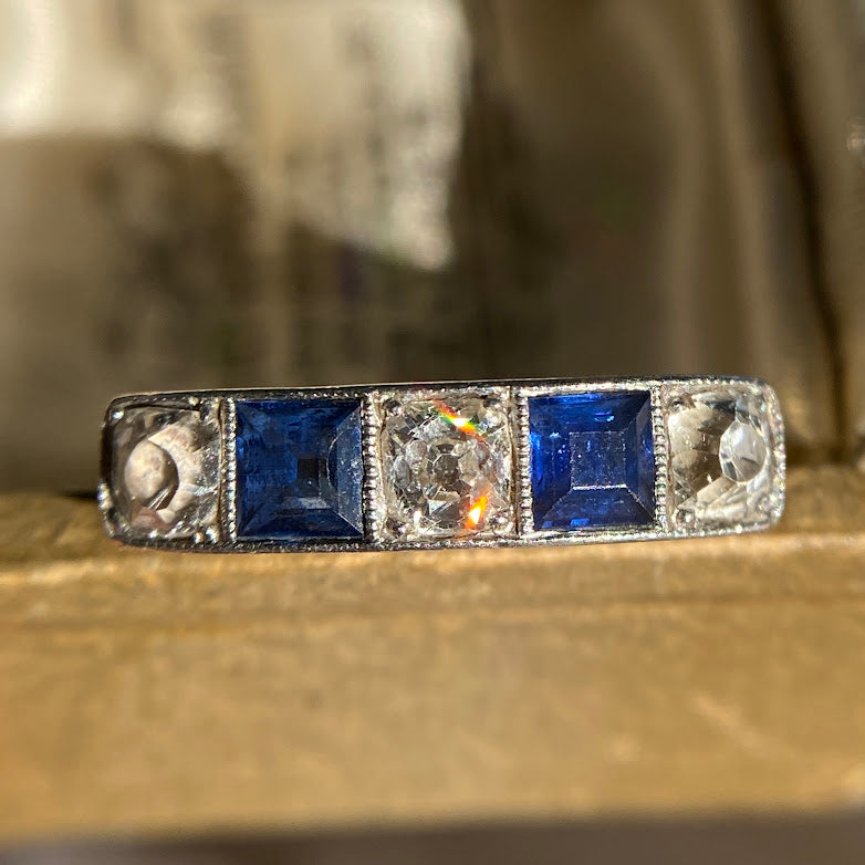 18ct Art Deco Sapphire Old Cut Diamond Five Stone