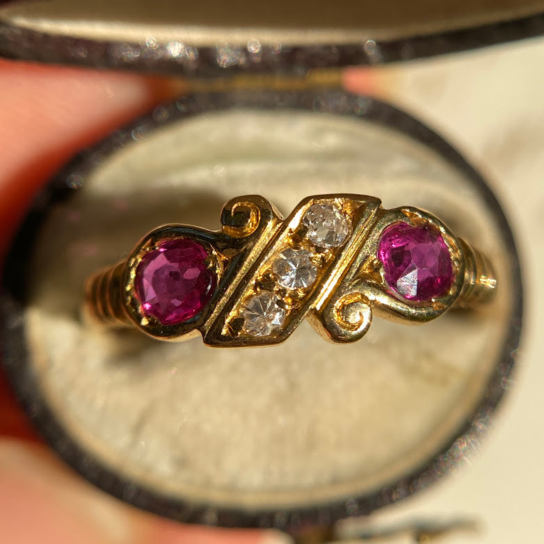 18ct 1898 Chester Ruby 2 Stone Twisted Diamond Ribon Ring Cut Open Vinted