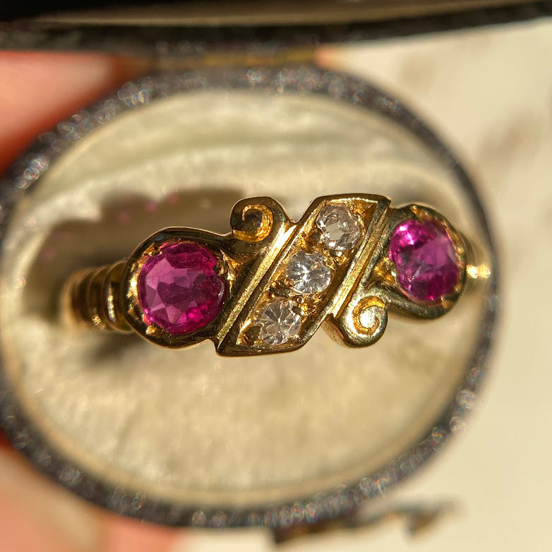 18ct 1898 Chester Ruby 2 Stone Twisted Diamond Ribon Ring Cut Open Vinted
