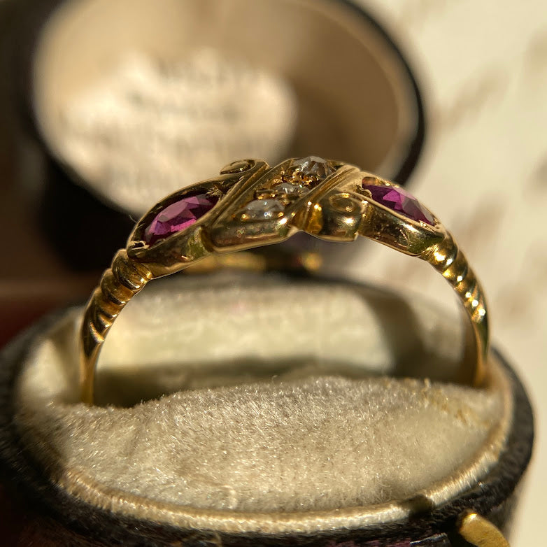 18ct 1898 Chester Ruby 2 Stone Twisted Diamond Ribon Ring Cut Open Vinted