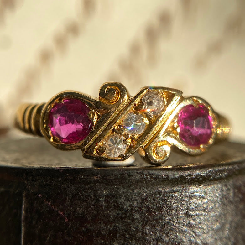 18ct 1898 Chester Ruby 2 Stone Twisted Diamond Ribon Ring Cut Open Vinted