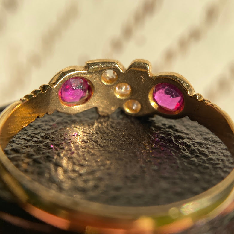 18ct 1898 Chester Ruby 2 Stone Twisted Diamond Ribon Ring Cut Open Vinted